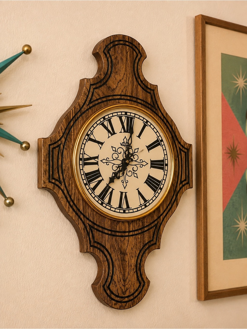 Vintage MCM Mid Century wall clock Wooden Wall Hanging Verichron Battery 21x12”